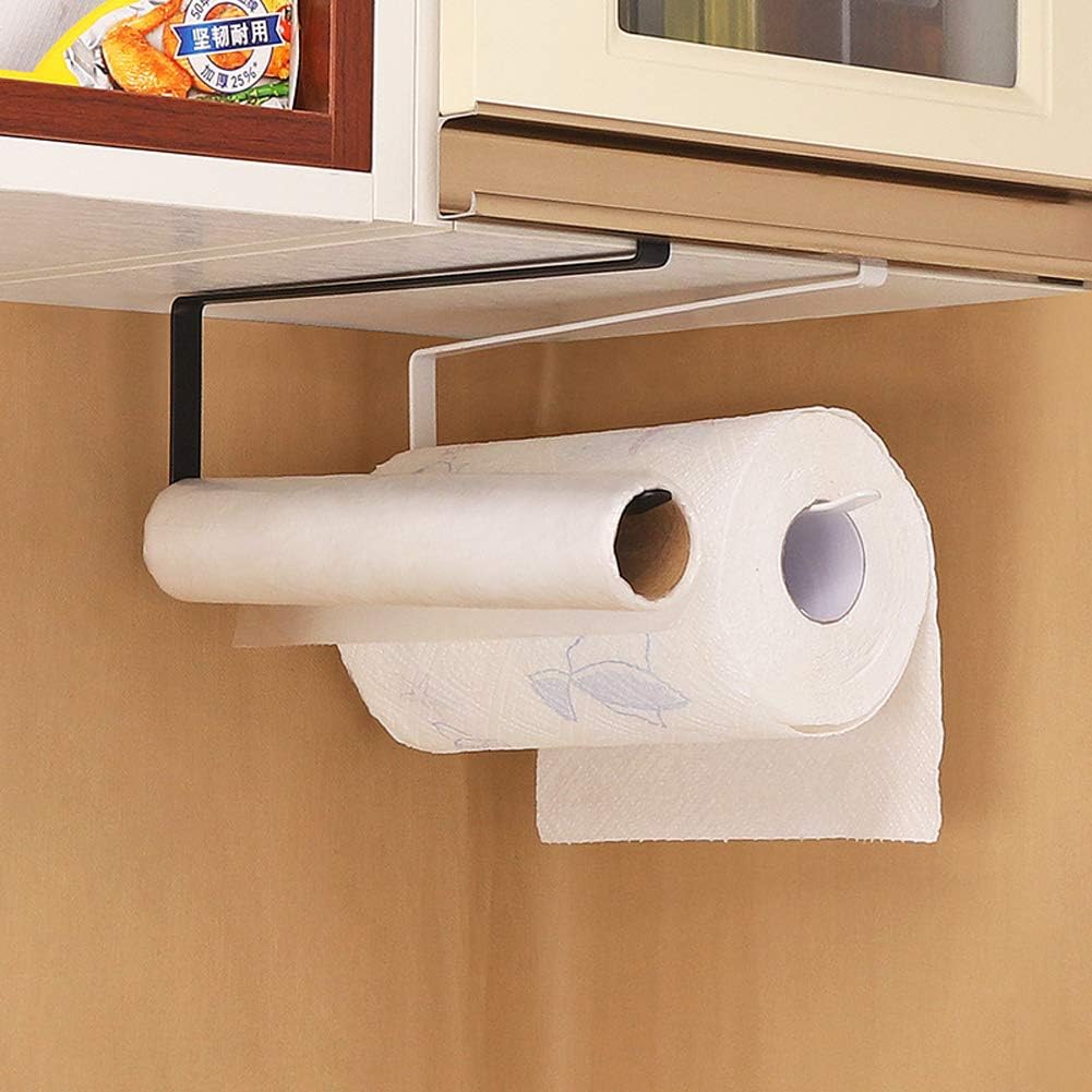 Usmascot Paper Towel Holder Dispenser Under Cabinet Paper Roll Holders (NO Drilling) for Kitchen Bathroom, Hanging Paper Towel Rack Hanger Over The Door, Humanized Design (Black)