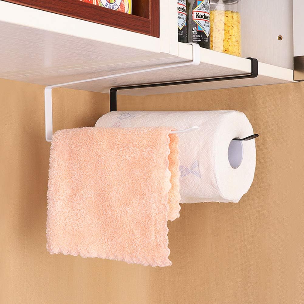 Usmascot Paper Towel Holder Dispenser Under Cabinet Paper Roll Holders (NO Drilling) for Kitchen Bathroom, Hanging Paper Towel Rack Hanger Over The Door, Humanized Design (Black)